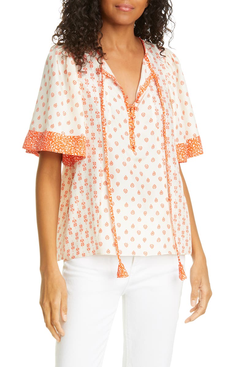 REBECCA TAYLOR Lily Mix Print Short Sleeve Silk Blouse, Main, color, TOMATO COMBO