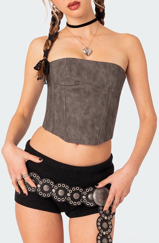 Shop Edikted Christa Strapless Faux Leather Corset Crop Top In Gray