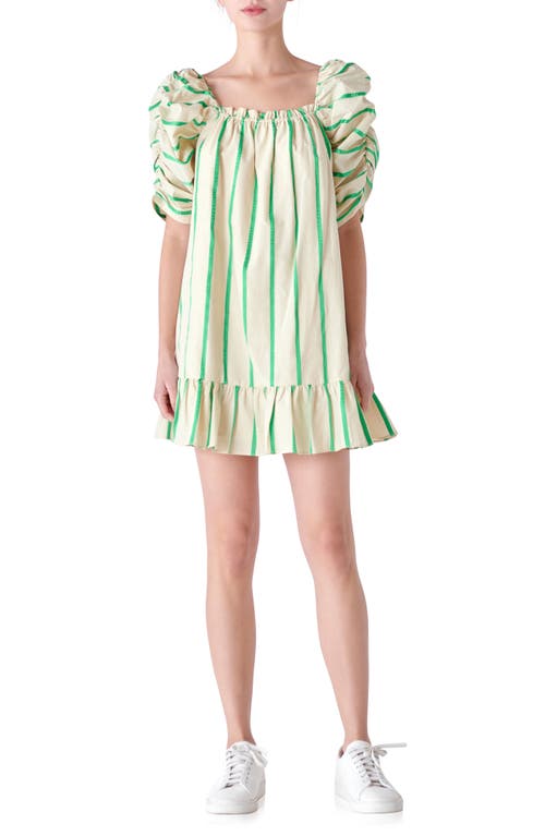 English Factory Stripe Puff Sleeve Trapeze Dress Beige/Green at Nordstrom,