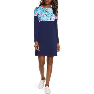 Lilly Pulitzer Finn Long Sleeve Crewneck Cotton Shift Dress, Blue