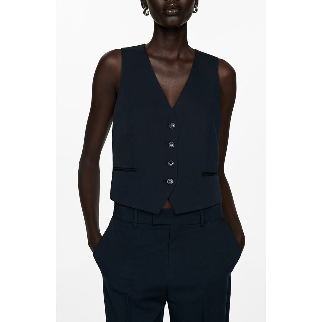 Mango Stretch Satin Contrast Suit Vest In Dark Navy