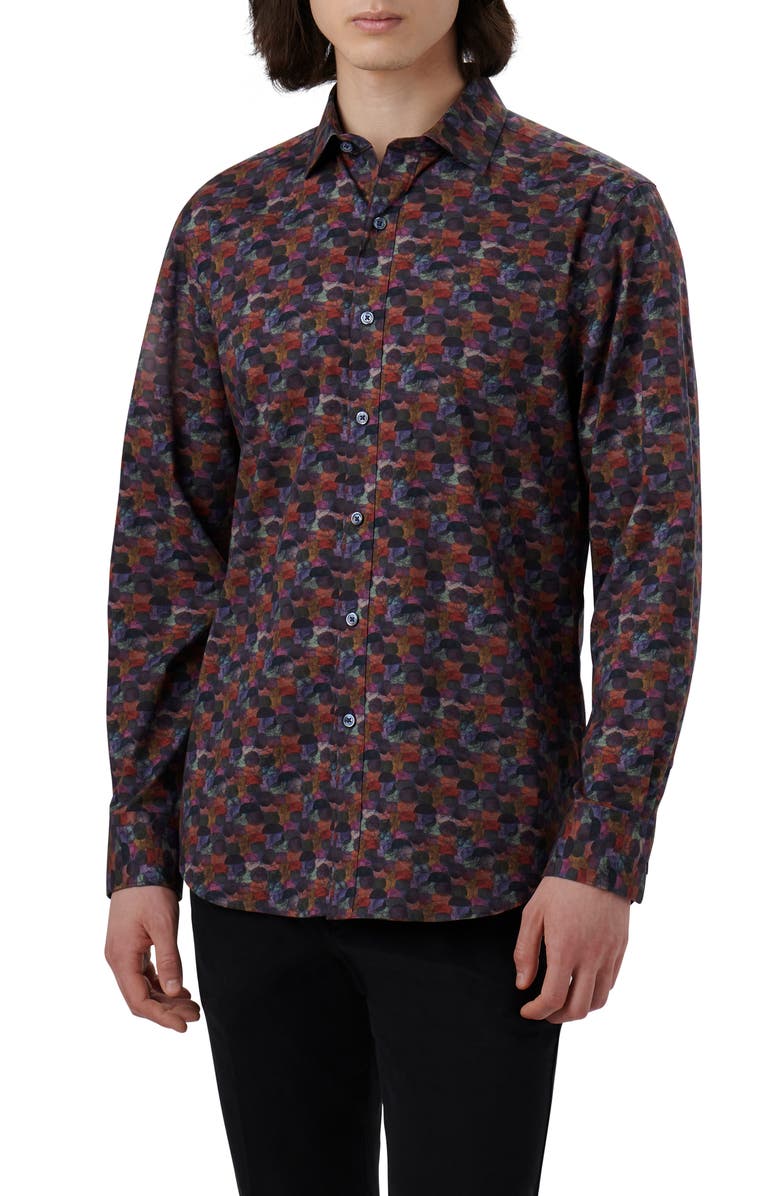 Axel Shaped Fit Abstract Print Stretch Cotton Button-Up Shirt