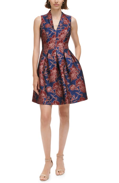 Vince Camuto Metallic Floral Jacquard Fit & Flare Dress in Navy Red at Nordstrom, Size 4