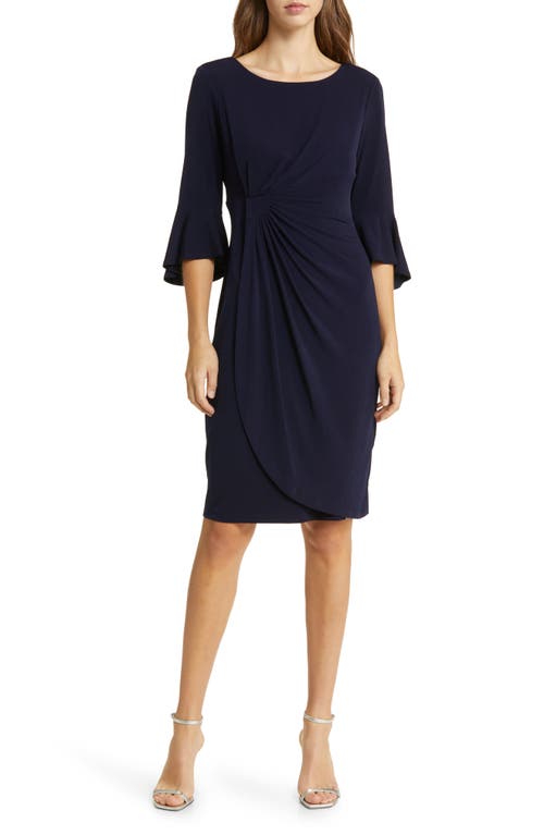 Faux Wrap Bell Sleeve Jersey Cocktail Dress in Navy