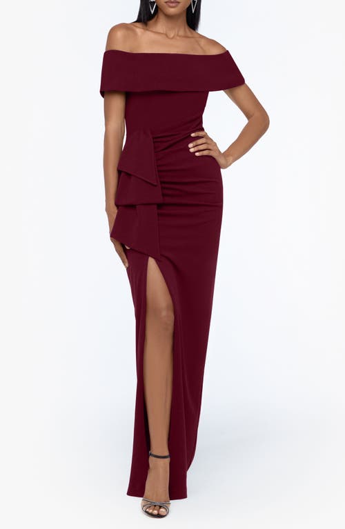 Xscape Evenings Ruched Off The Shoulder Crepe Gown In Burgundy