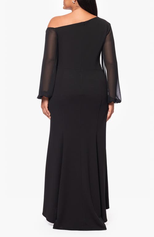 Betsy & Adam Plus Size Asymmetric Long-sleeve Gown In Black