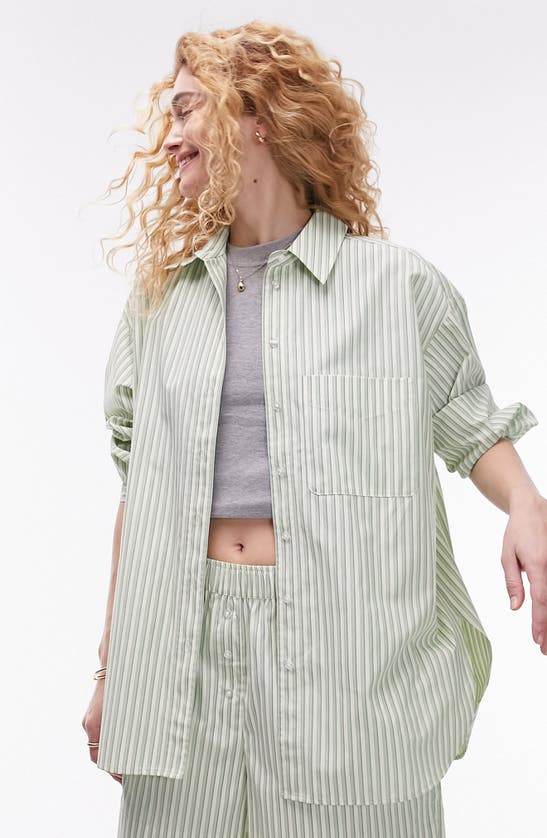Shop Topshop Oversize Stripe Cotton Button-up Shirt In Green Multi
