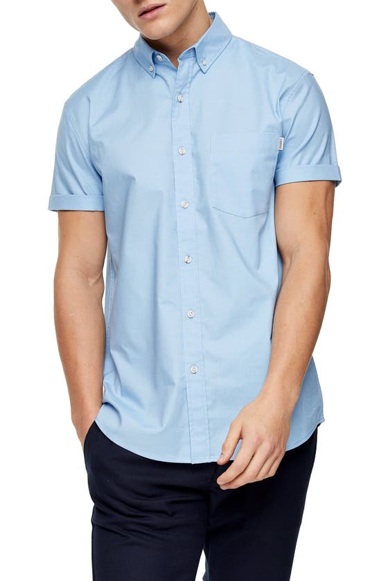 Topman Rigid Regular Fit Short Sleeve Button-down Shirt In Blue