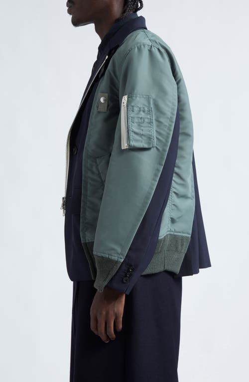 Shop Sacai Mixed Media Suiting Bomber Jacket In Green/dark Blue