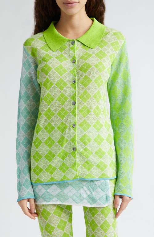 Colorblock Argyle Linen Cardigan in Lime