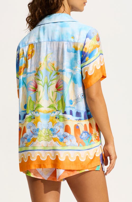 Seafolly Aquarius Linen Button-up Cover-up Shirt In Turquoise