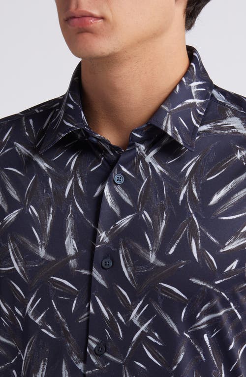 Shop Hugo Boss Boss Roan Slim Fit Leaf Print Short Sleeve Stretch Button-up Shirt In Dark Blue