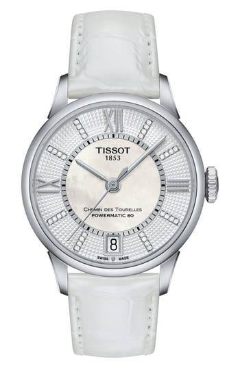 Tissot Chemin Des Tourelles Diamond Leather Strap Watch, 32mm In White
