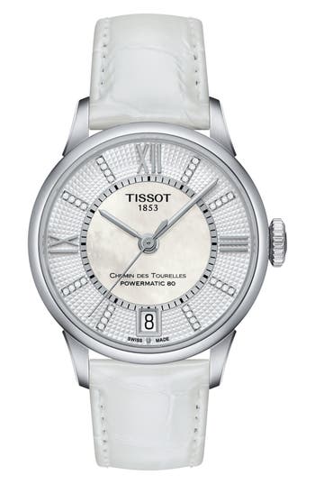 Tissot Chemin Des Tourelles Diamond Leather Strap Watch, 32mm In White/mother Of Pearl/silver