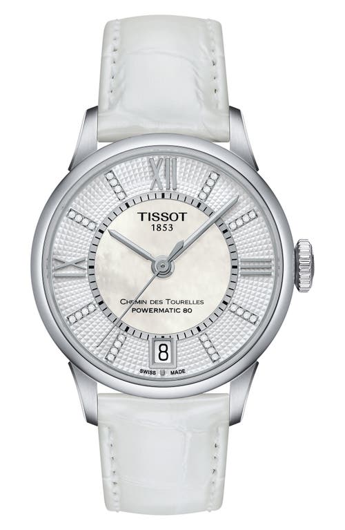 Tissot Chemin Des Tourelles Diamond Leather Strap Watch, 32mm In White/mother Of Pearl/silver