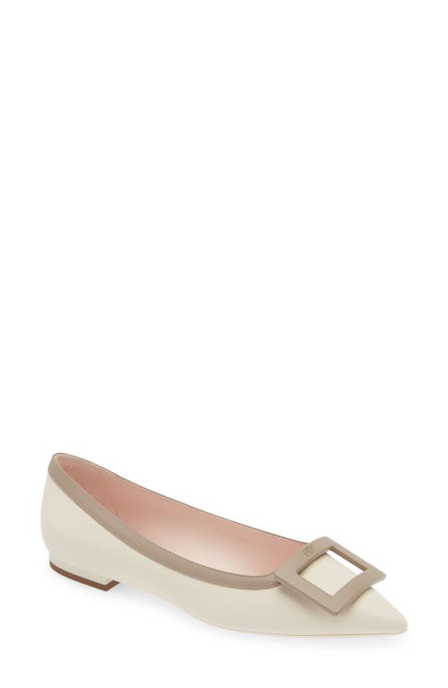 Shop Roger Vivier Gommettine Buckle Pointed Toe Flat In Ivory/brown