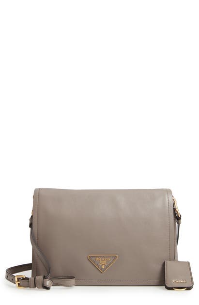 Click to view more detailed imagery on our partner's website Prada Medium Glace Calfskin Leather Crossbody Bag - Grey In Argilla