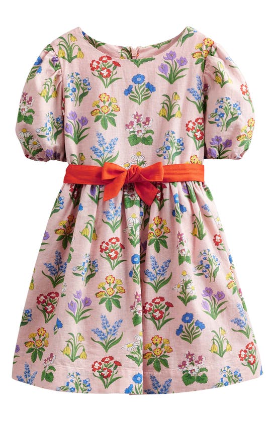 Mini Boden Kids' Print Linen & Cotton Fit & Flare Dress In Dusty Pink Spring Garden