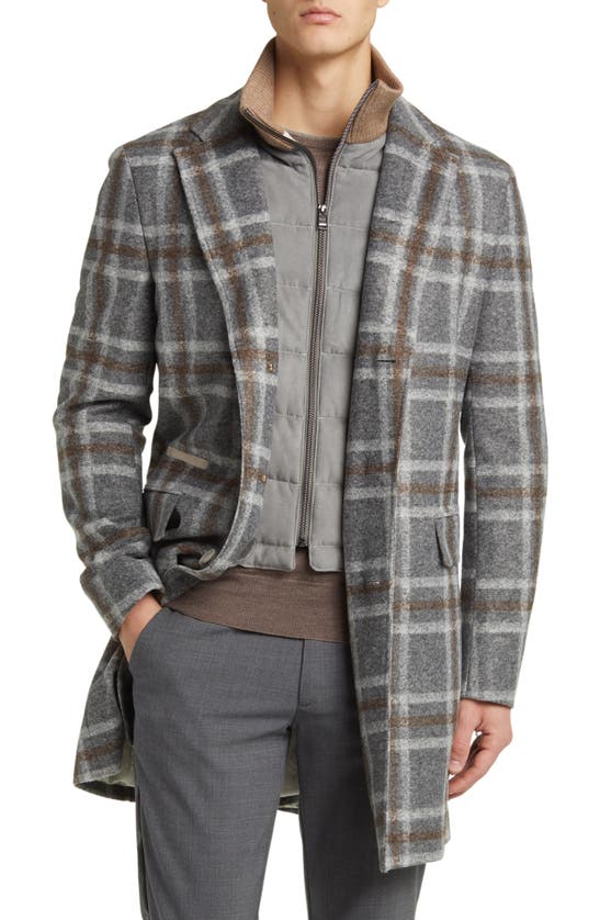 Hugo Boss Hyde Plaid Notch Lapel Coat With Removable Dickey In Medium Grey