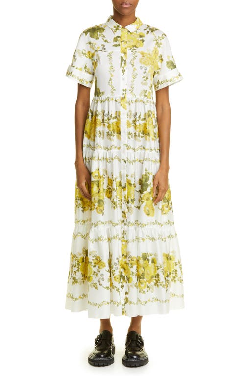 Erdem Helena Floral Print Tiered Cotton Poplin Dress in Soft Blossom Yellow