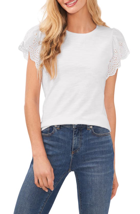 Cece Eyelet Flutter Sleeve T-shirt In Ultra White