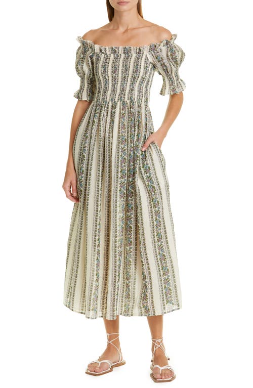 MILLE Cate Off the Shoulder Cotton Midi Dress in Goa Stripe