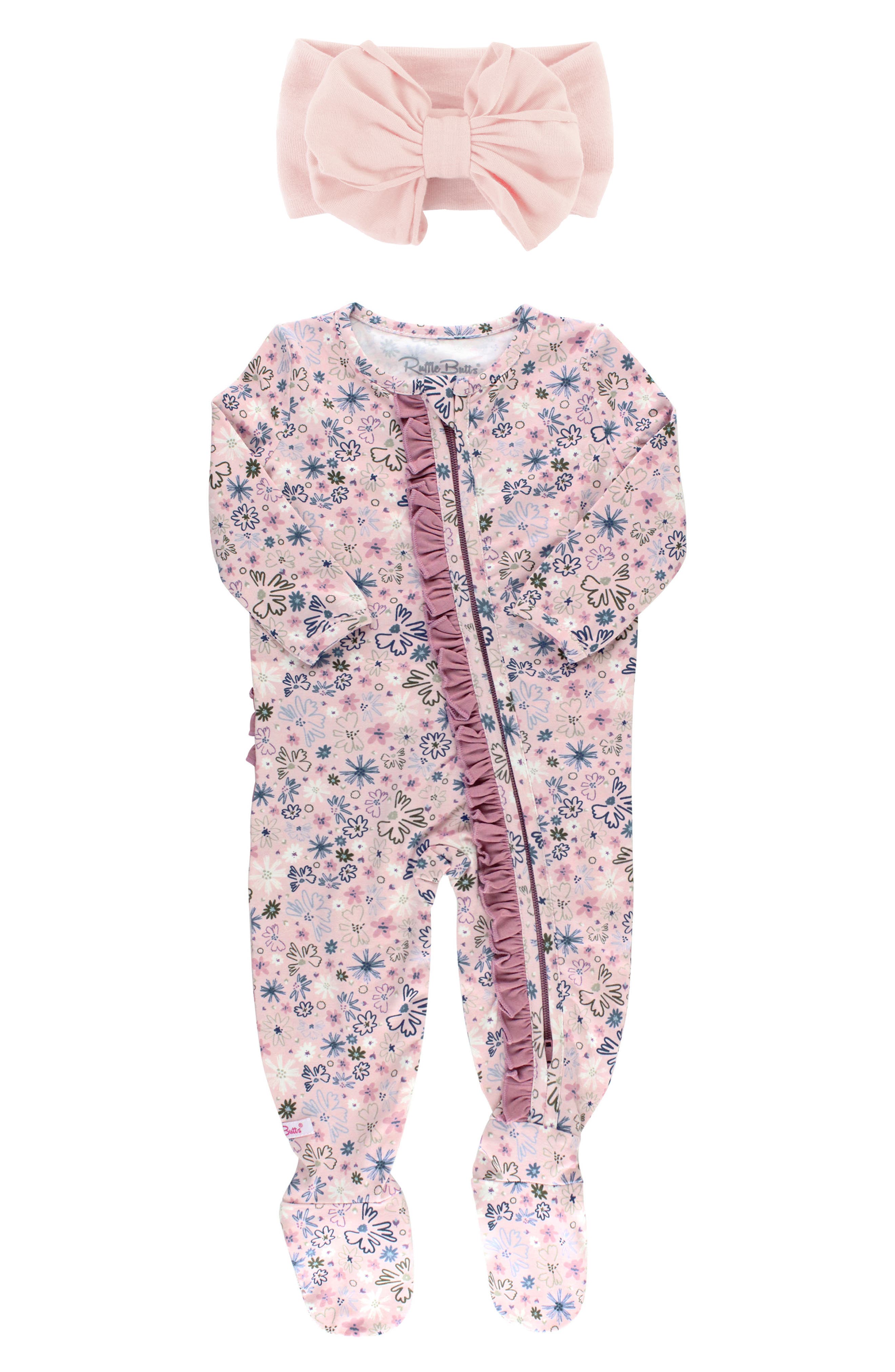 Nordstrom Baby Clothing Loungewear Pajamas Cozy Rainbow Ruffle Fitted One-Piece Footie Pajamas & Head Wrap Set in White at Nordstrom 