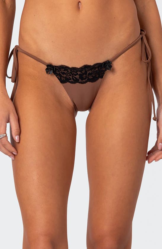 Shop Edikted Cassey Lacey Side Tie Bikini Bottoms In Brown