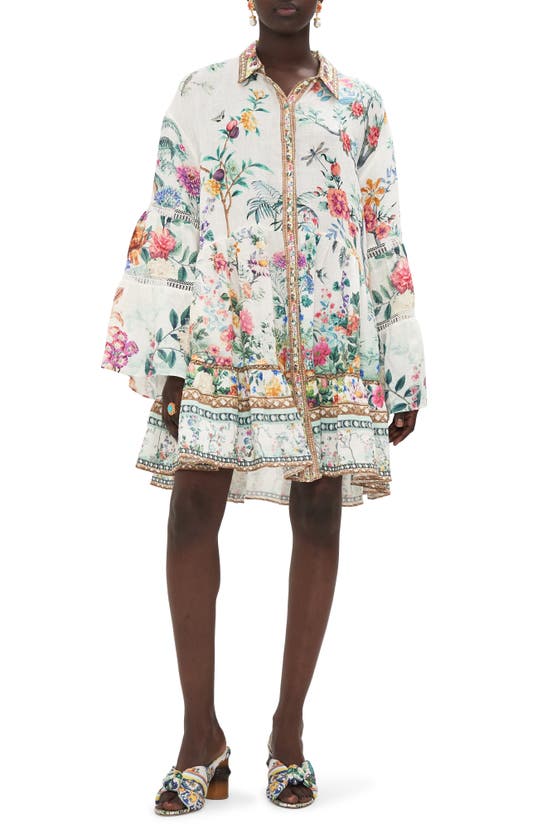 Shop Camilla Floral Long Sleeve Linen Shift Dress In Plumes And Parterres