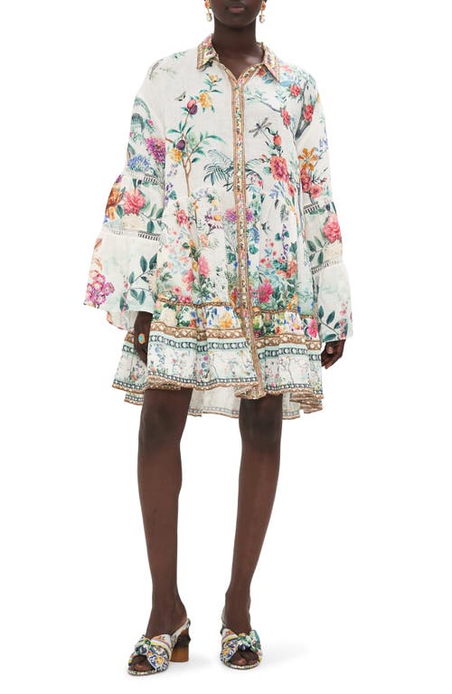 Camilla Floral Long Sleeve Linen Shift Dress in Plumes And Parterres at Nordstrom, Size Small