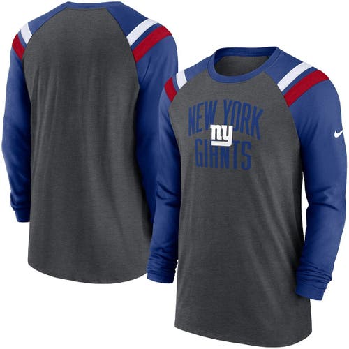 Men's Nike Heathered Charcoal/Royal New York Giants Tri-Blend Raglan Athletic Long Sleeve Fashion T-Shirt in Heather Charcoal