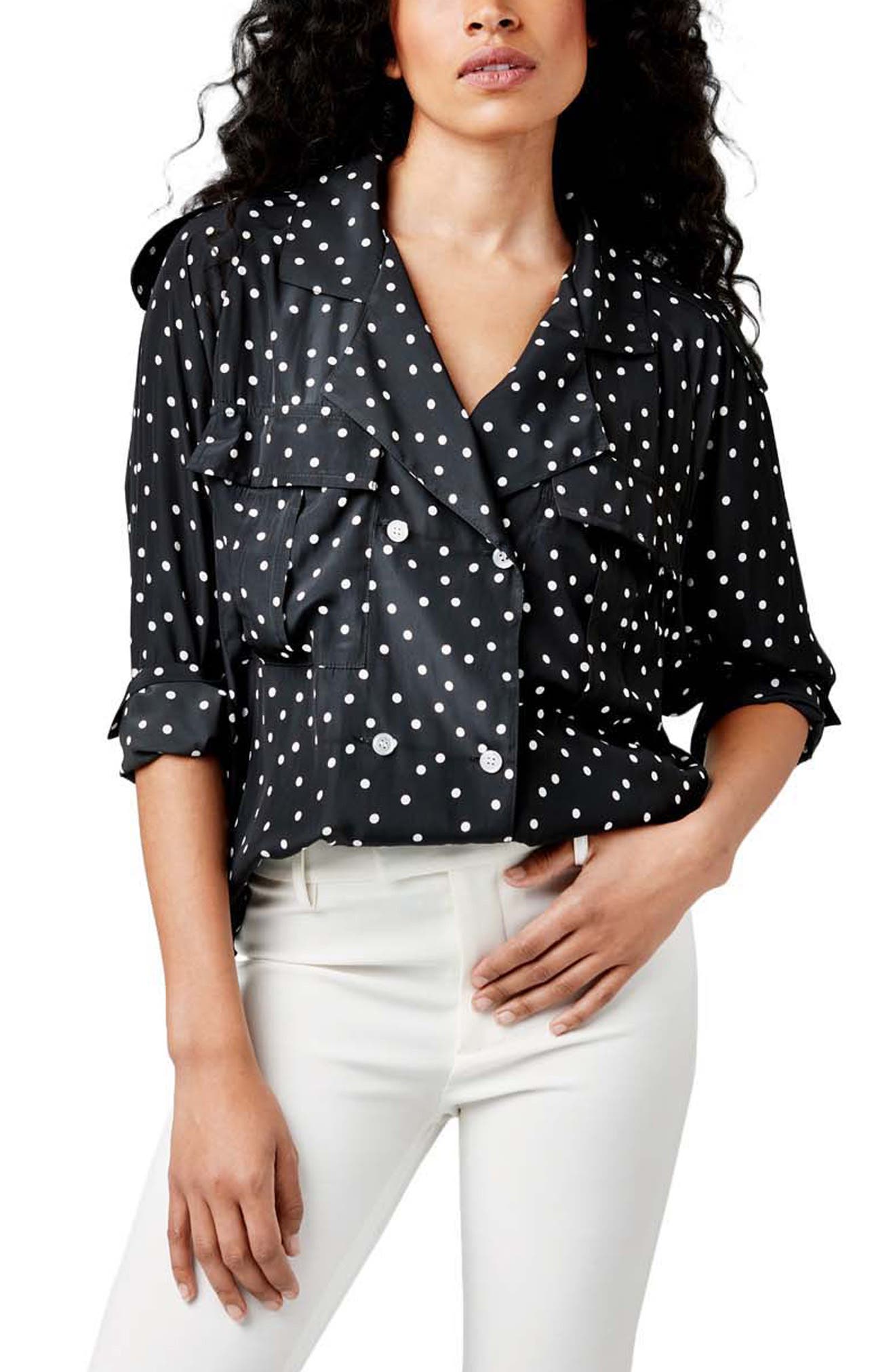 Topshop shirred waist polka dot blouse in monochrome