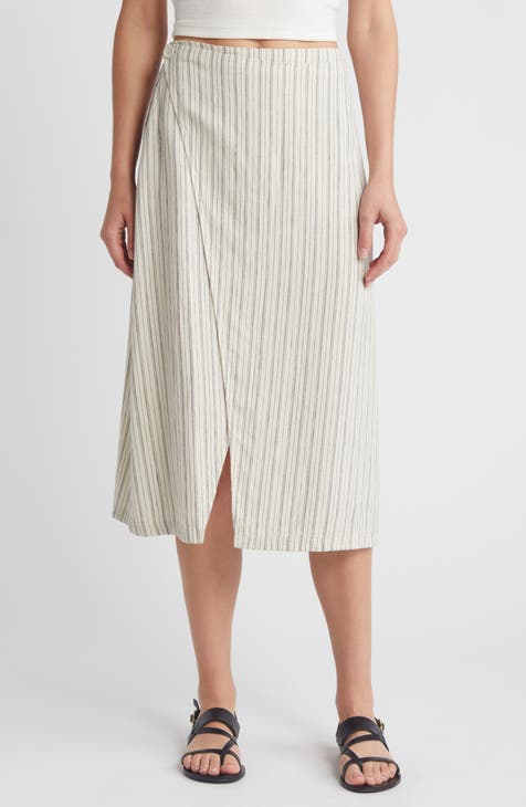 Stripe Linen Blend Wrap Midi Skirt