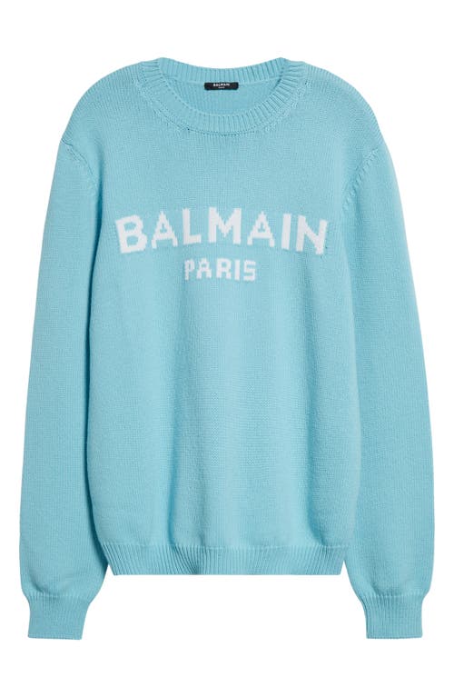 Shop Balmain Logo Wool Blend Sweater In Snc Light Blue/white