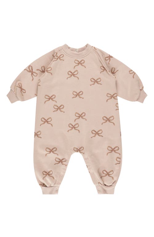 Rylee + Cru Bow Print Cotton Blend French Terry Romper in Blush 