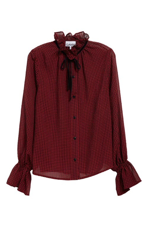 Shop Ganni Check Seersucker Tie Neck Shirt In Winery