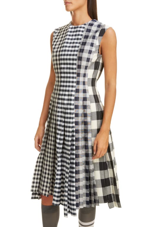 Shop Thom Browne Mixed Gingham Midi Dress In Navy