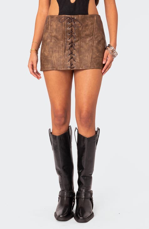Ainsley Lace-Up Front Faux Leather Miniskirt