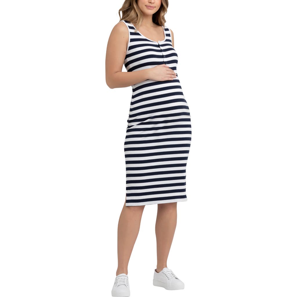Ripe Maternity Lee Stripe Snap Button Maternity/nursing Dress In Navy/white