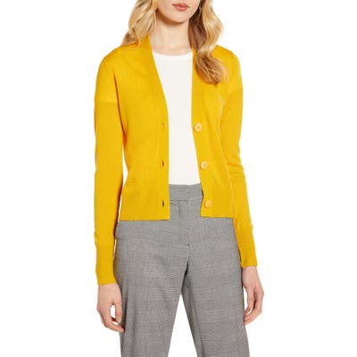 Halogen V-Neck Merino Wool Jersey Cardigan, Yellow
