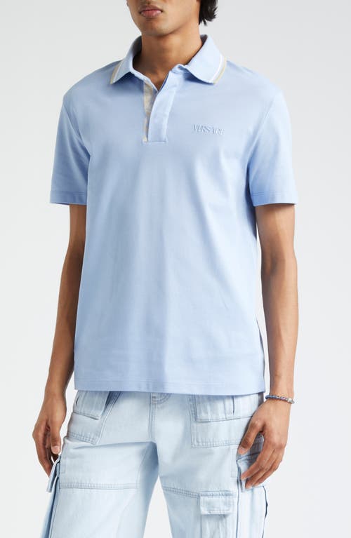 Shop Versace Contrast Trim Cotton Piqué Knit Polo In Blue Hydrangea