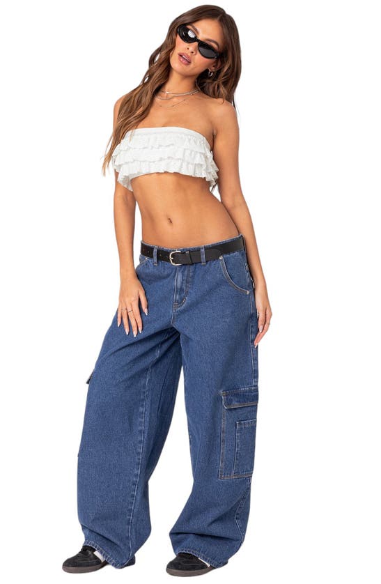 Shop Edikted Low Rise Baggy Belted Cargo Jeans In Blue-washed