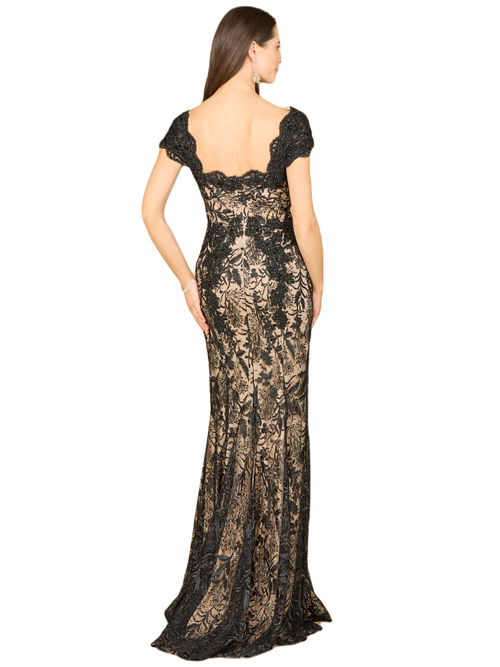 Lara New York Long Bell Sleeve V-neck Beaded Gown In Blacknude