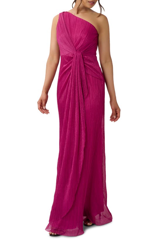 Adrianna Papell Stardust Pleated One Shoulder Gown In Magenta