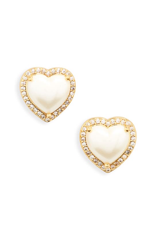 Kate Spade Imitation Pearl Cz Halo Heart Stud Earrings In Gold