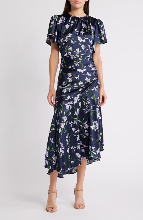 Chelsea28 Flutter Sleeve Asymmetric Hem Dress In Navy Floral Stroll