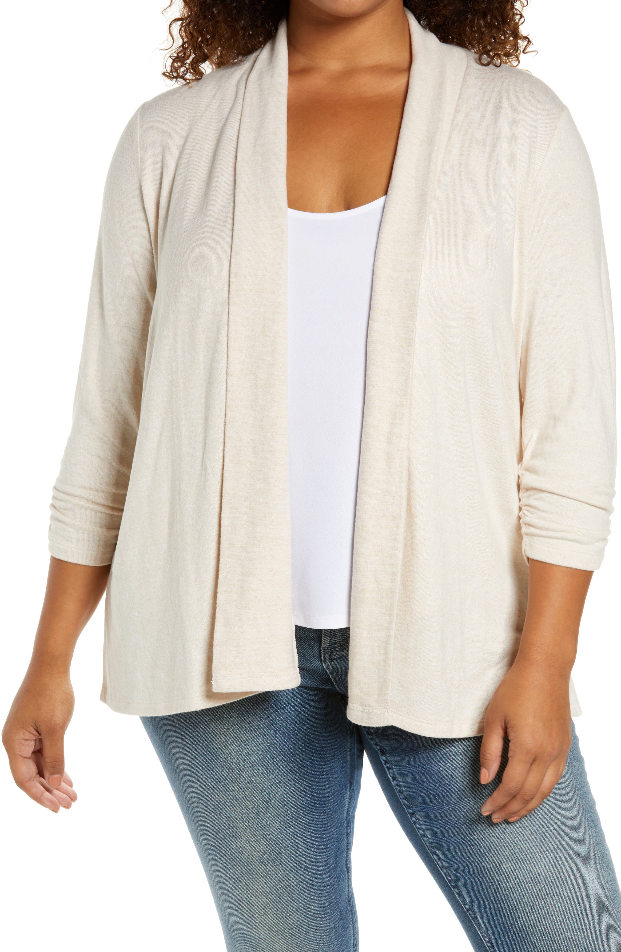 Bobeau Ruched Sleeve Open Cardigan in 