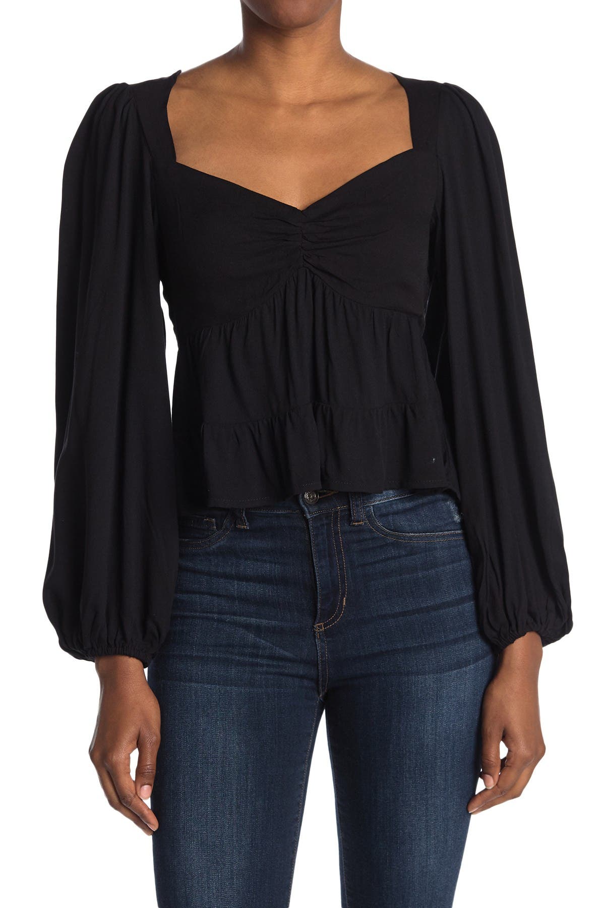 Afrm Soni Ruched Balloon Sleeve Crop Top In Noir