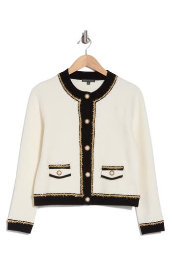 ADRIANNA PAPELL ADRIANNA PAPELL METALLIC TRIM CARDIGAN SWEATER