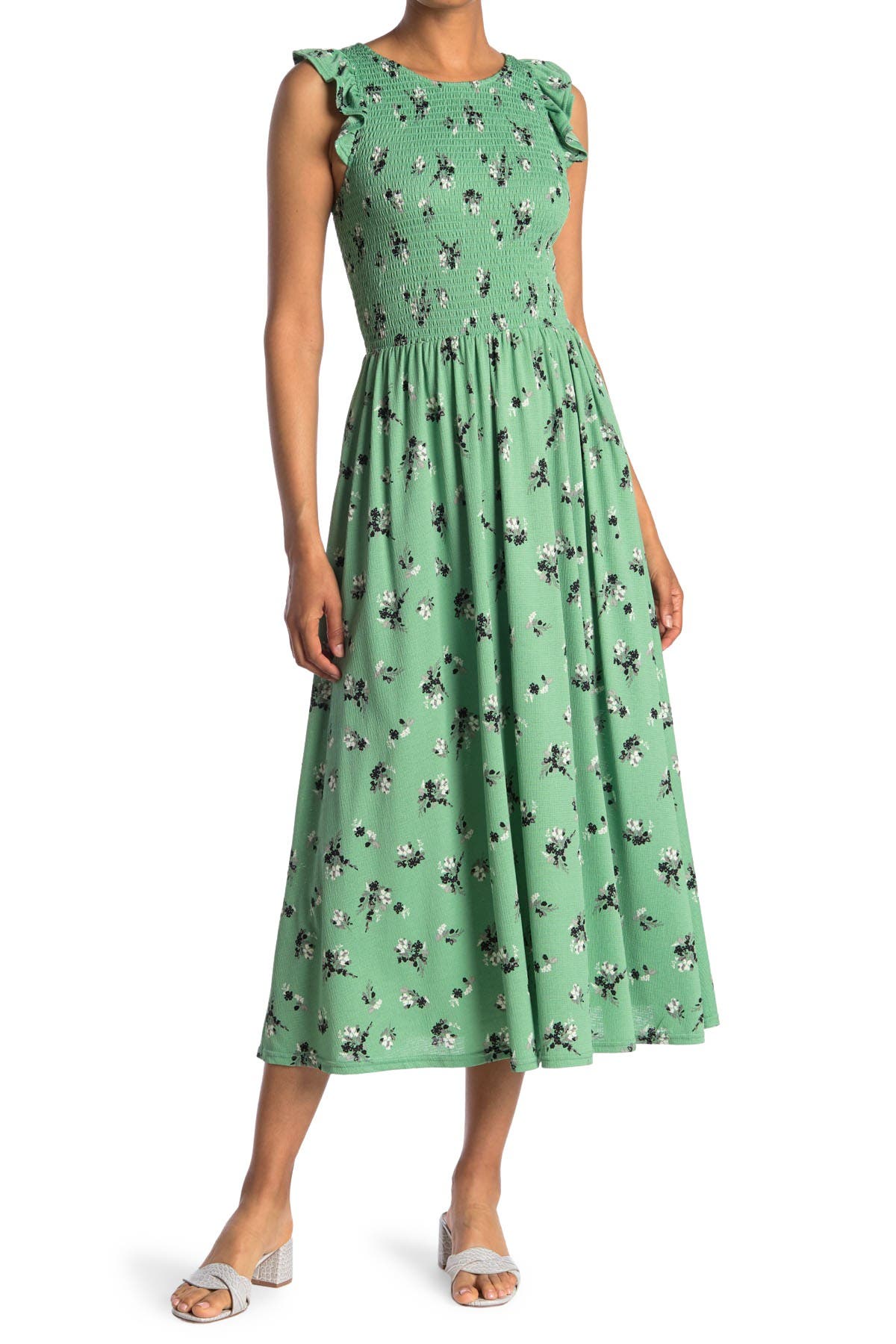 Melloday Sleeveless Floral Print Smocked Top Knit Midi Dress In Light/pastel Green1